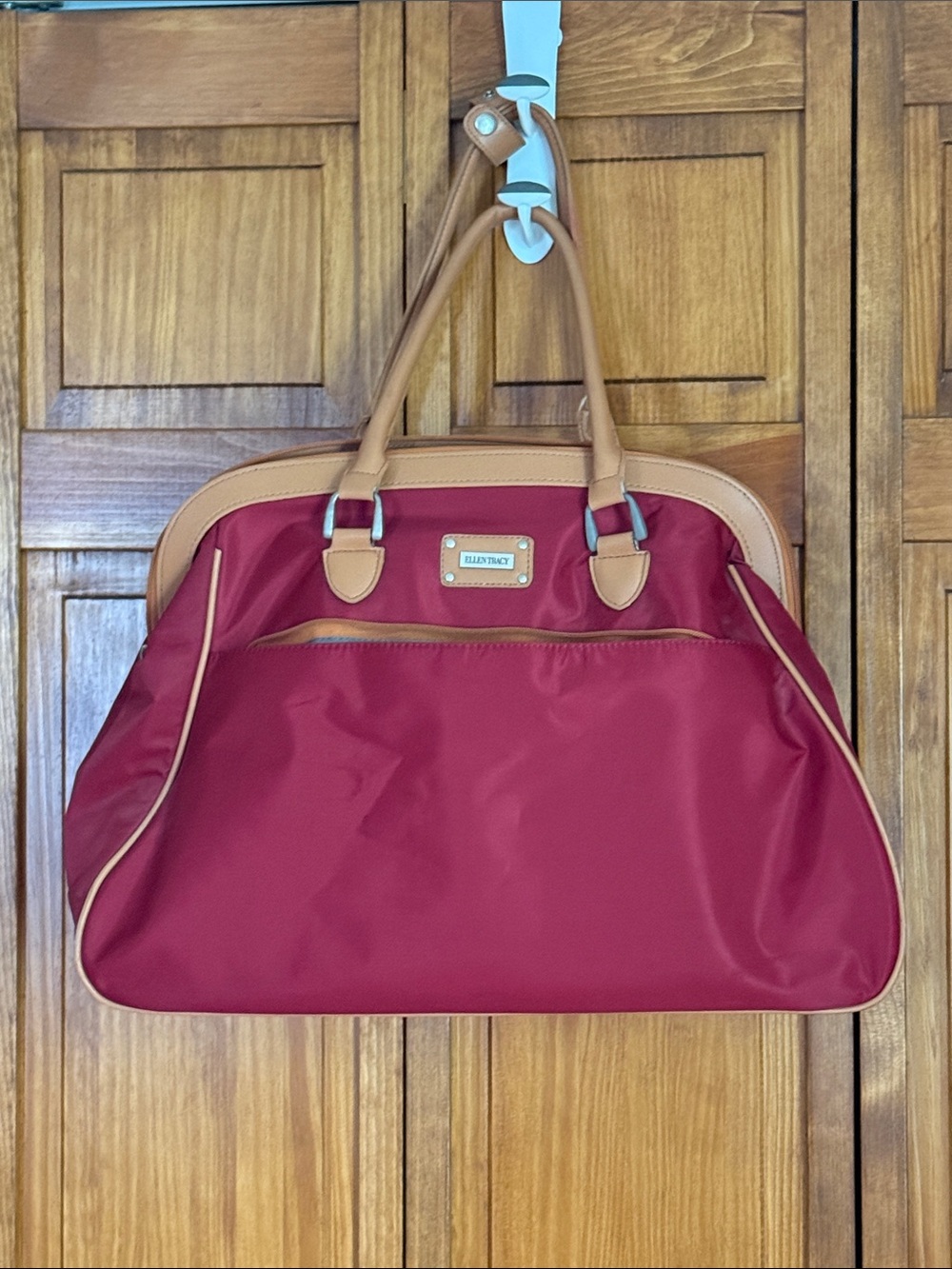 Ellen Tracy Burgundy Tote weekend bag with Tan Trim NWOT